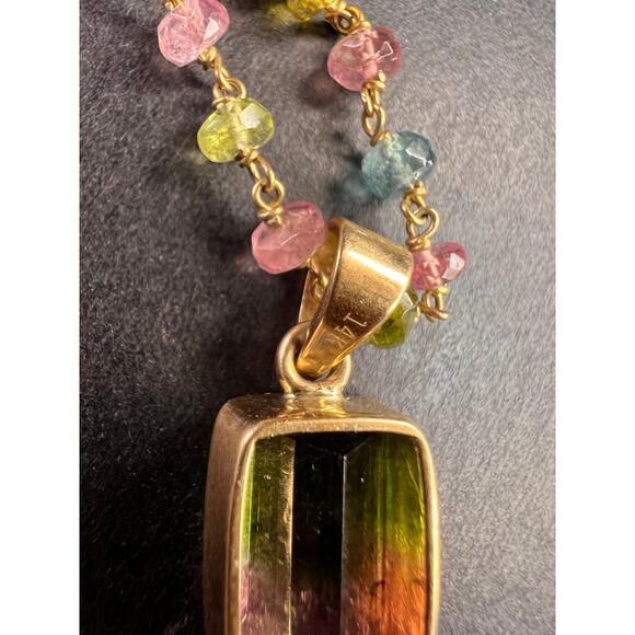 Vintage 14k & 18k gold watermelon tourmaline pendant necklace - Picture 3 of 16